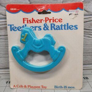 Fisher Price Blue Rocking Horse Rattle‎ Teether Crib Playpen Toy Vtg